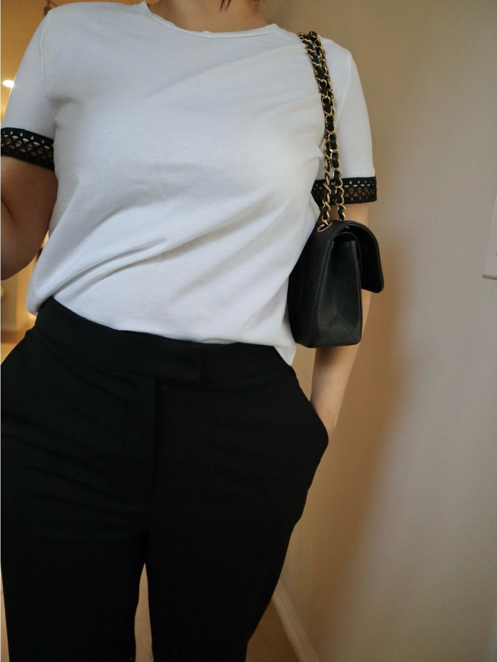 Zara White Crewneck Top with Black Knit Trim on Sleeves